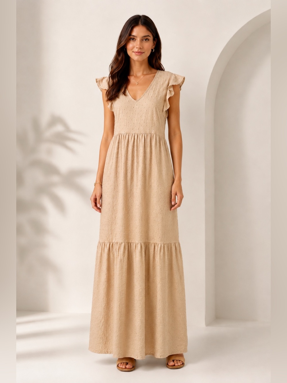 B Famous Beige Textured Flutter Sleeve Maxi Dress Size Large